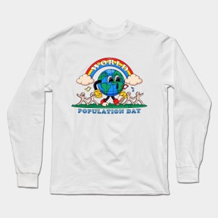 World population day, earth walks happily while holding on to paper humans Long Sleeve T-Shirt